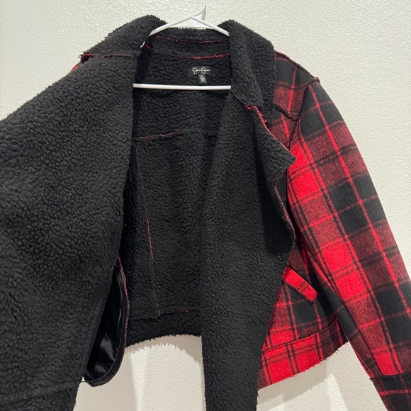 Jessica Simpson Plaid Buffalo Check Jacket Sz 2X Fleetwood Sherpa Moto Red Black - Picture 13 of 14